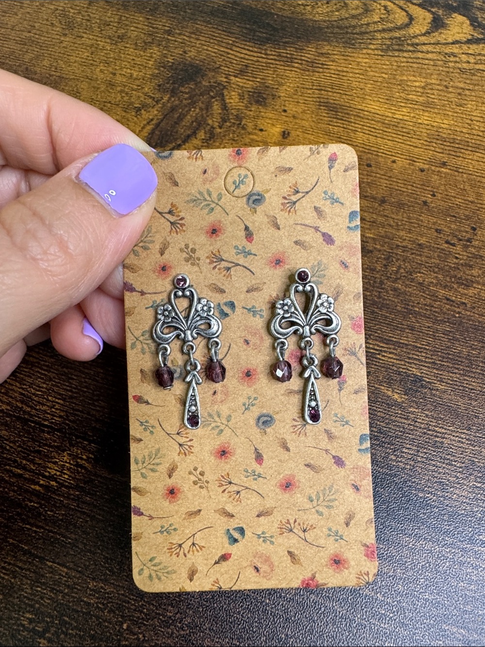 Vintage-Inspired Silver Dangle Earrings with Garnet Accents - Purple